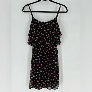 FOREVER 21 BLACK‎ FLORAL MINI  DRESS W//PINK ROSES FULLY LINED W/LINGERIE STRAPS
